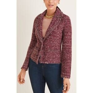 Chico’s Multicolor Maroon Structured Tweed Fringe Knit Cardigan Sweater Size L